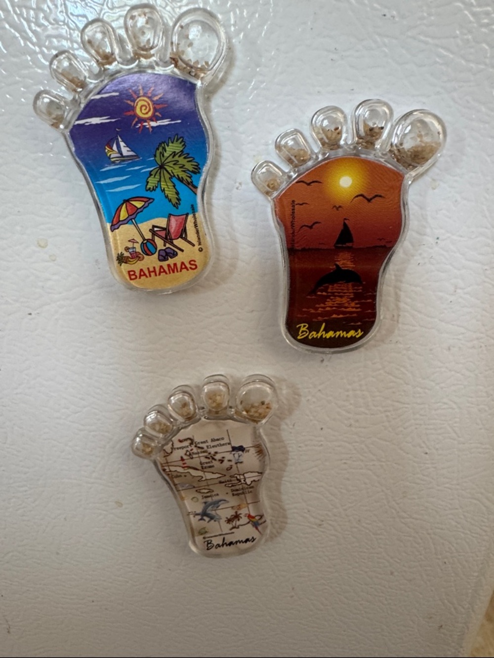 Set of 3 Clear Foot-Shaped Bahamas Magnets - 1 each of 3 different magnets